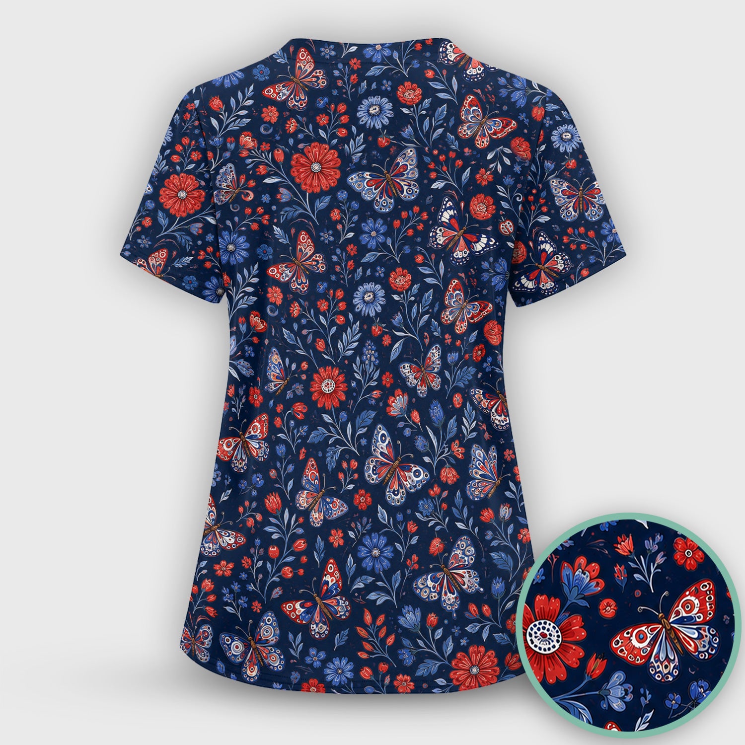 Patriotic Floral Butterfly Pattern Scrub Top, Comfortable Scrubs for Nurses