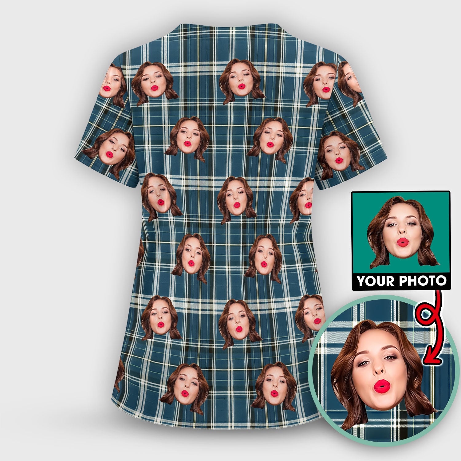Personalized Funny Face Plaid Scrub Top, Custom Photo Pattern Medical Shirt, Breathable Fabrics Nursing Uniform