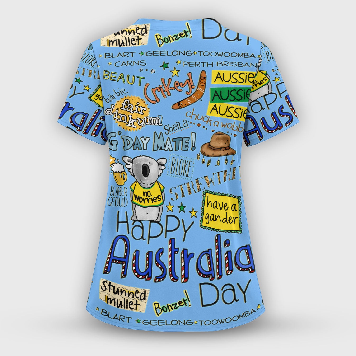 Cute Cartoon Koala Australia Pattern Scrub Top, Breathable Fabrics Nursing Uniform
