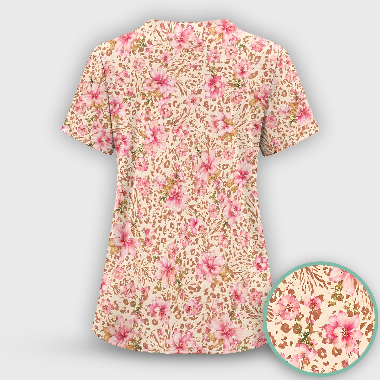 Pink Floral Leopard Print Pattern Scrub Set, Scrub Pants and V Neck Top