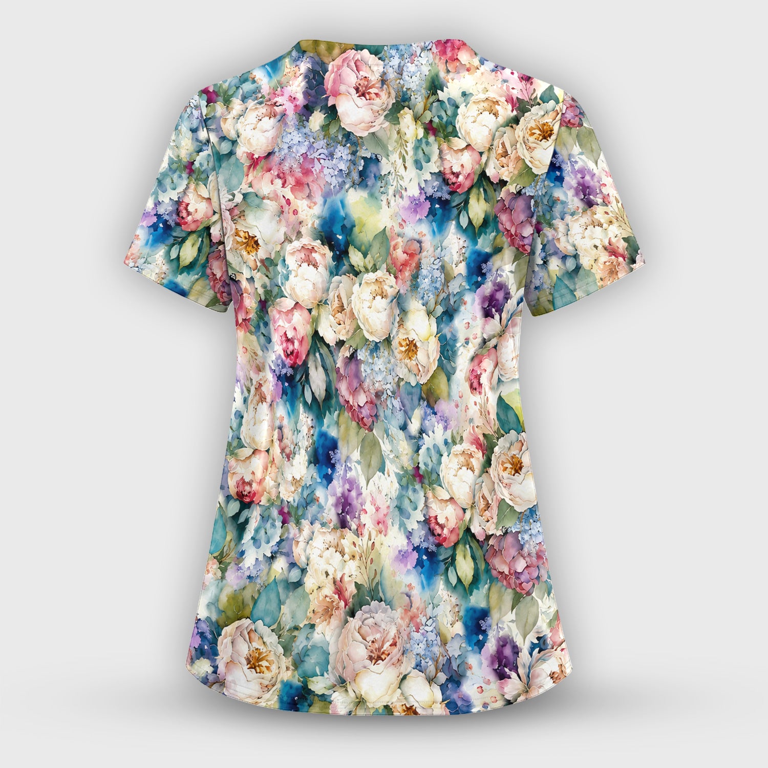 Watercolor Peony Hydrangea Floral Print Scrub Set, Scrub Pants and V Neck Top