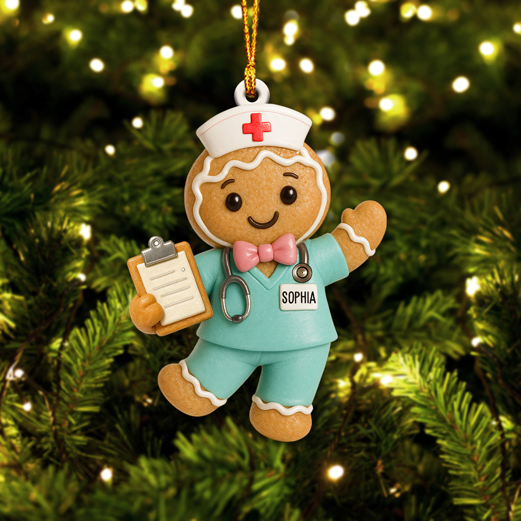 Personalized Gingerbread Nurse Ornament – Custom Name Medical Scrub Decor, Xmas Healthcare Gift, Cute Cookie Figurine for Nurses