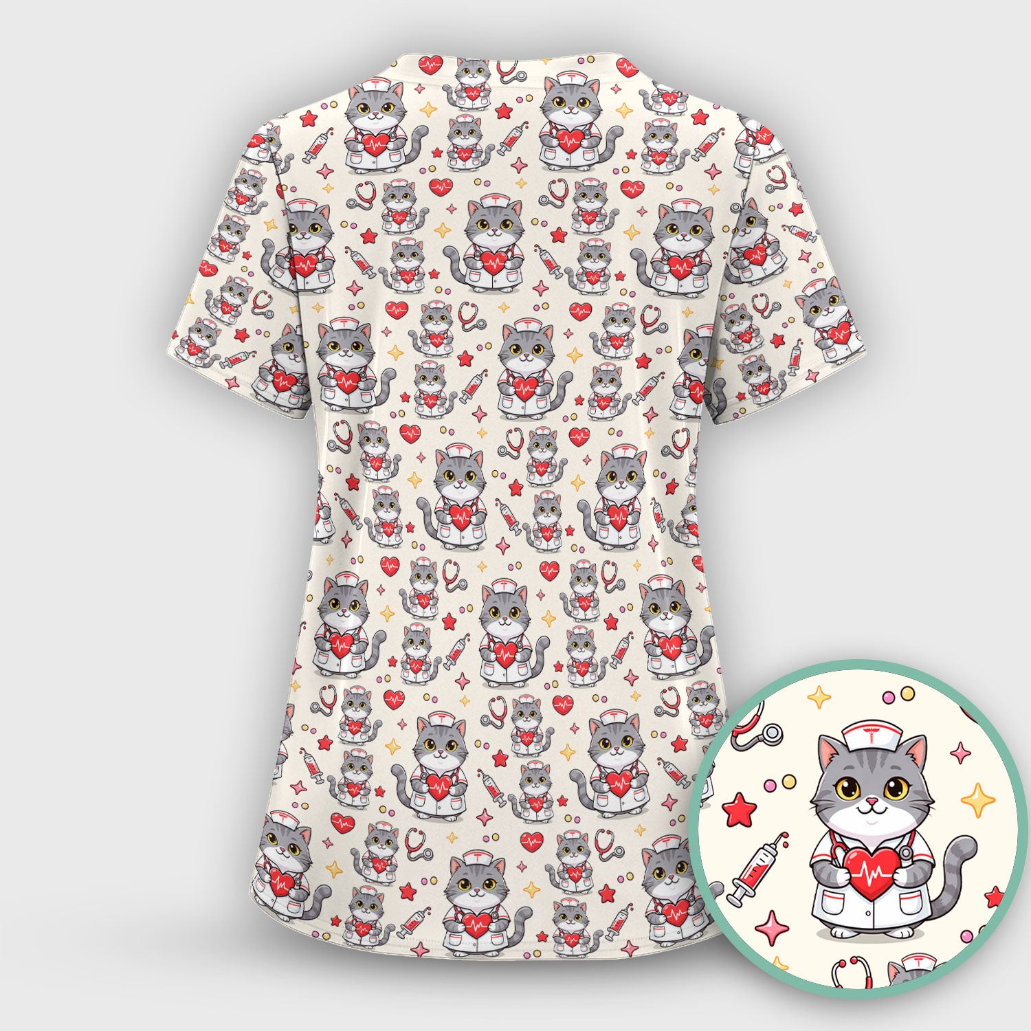 Cute Nurse Cat Heart Medical Print Scrub Top, Comfortable Scrubs for Nurses
