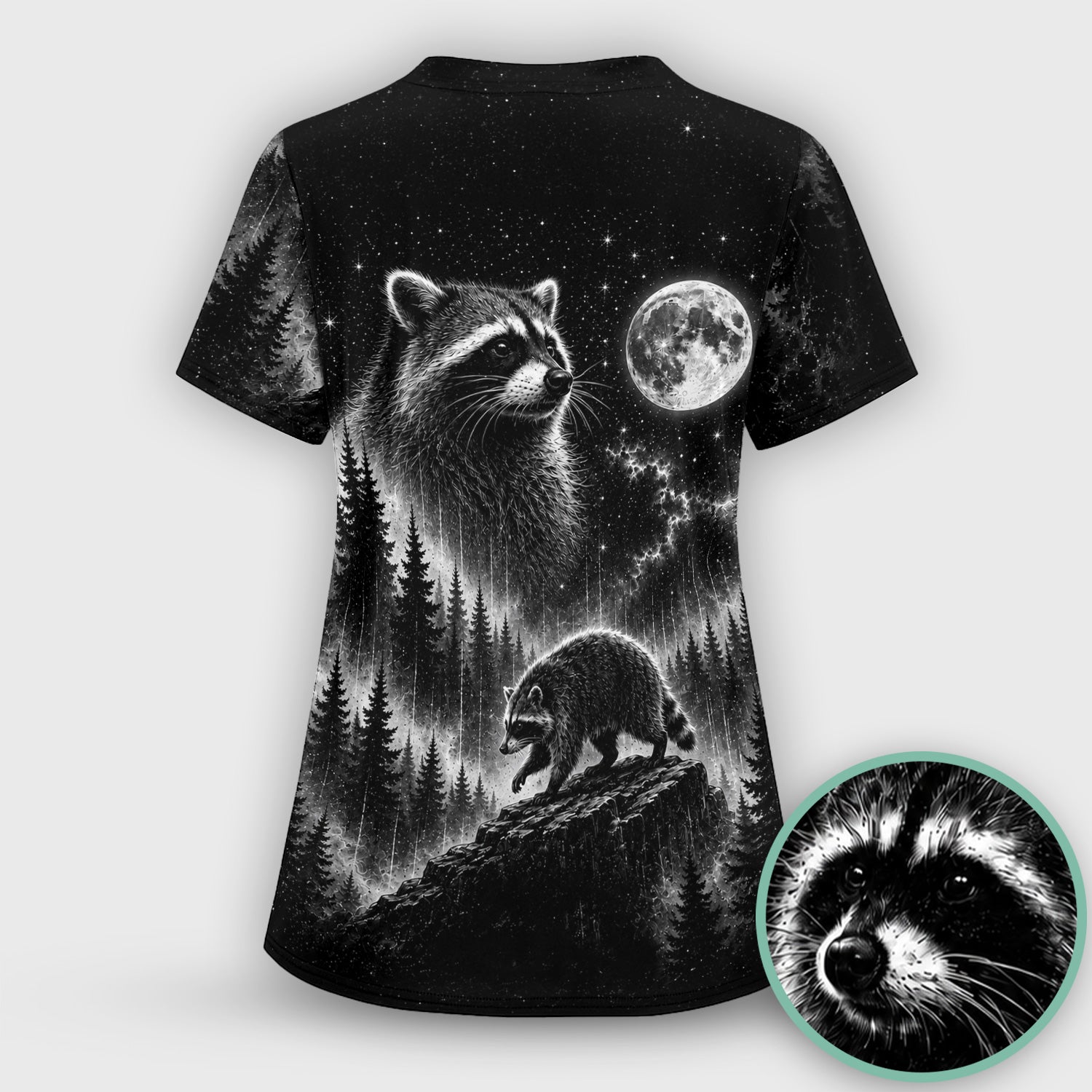 Moonlit Raccoon Forest Print Scrub Set, Scrub Pants and V Neck Top
