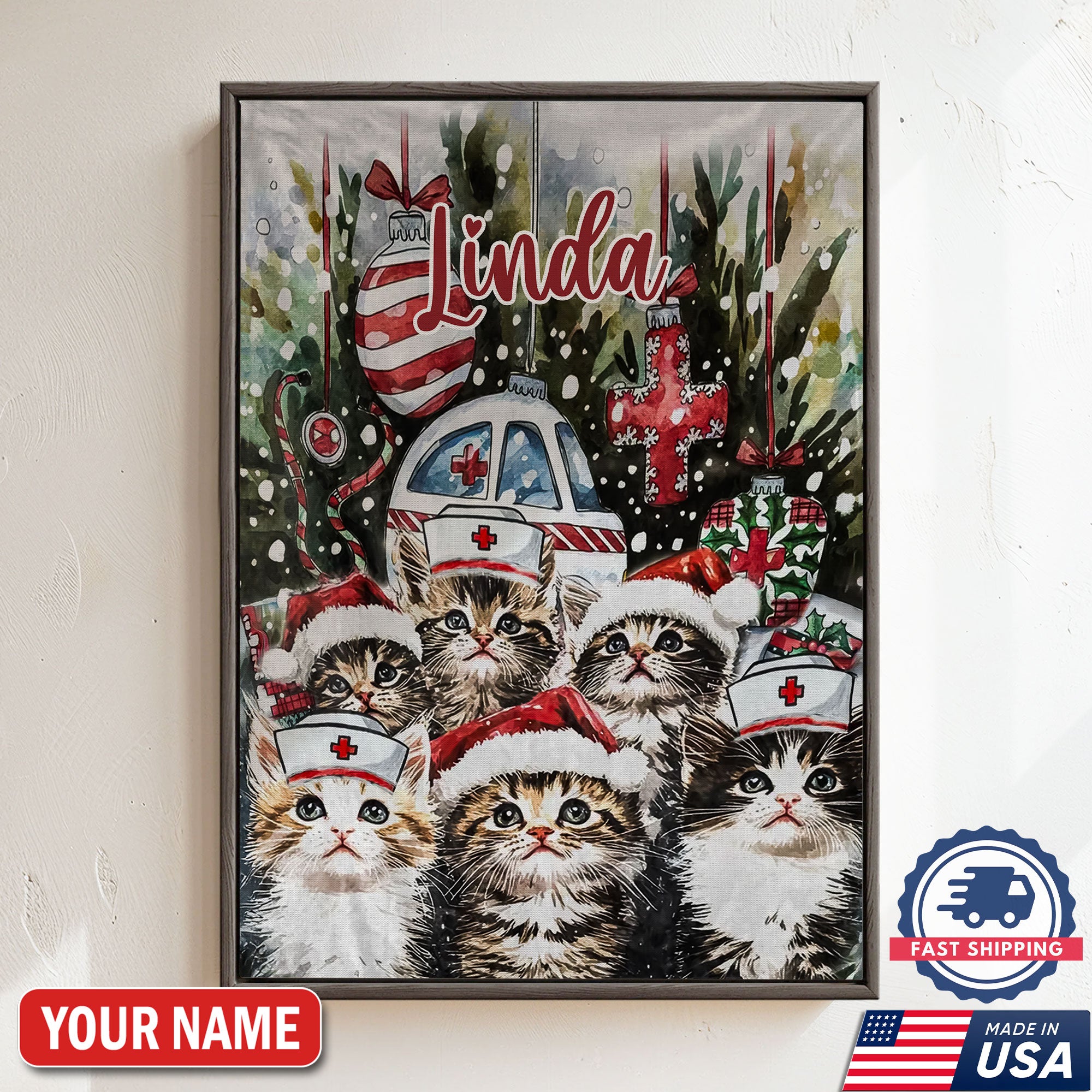 Personalized Nurse Cat Christmas Canvas, Custom Name Nurse Wall Art, Cute Holiday Gift For RN And Cat Lovers