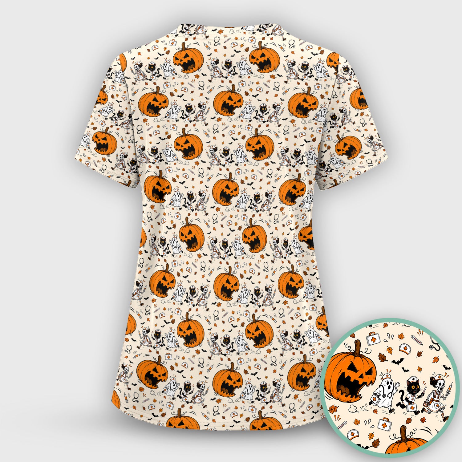 Funny Halloween Pumpkin Chasing Nurses Scrub Set, Scrub Pants and V Neck Top