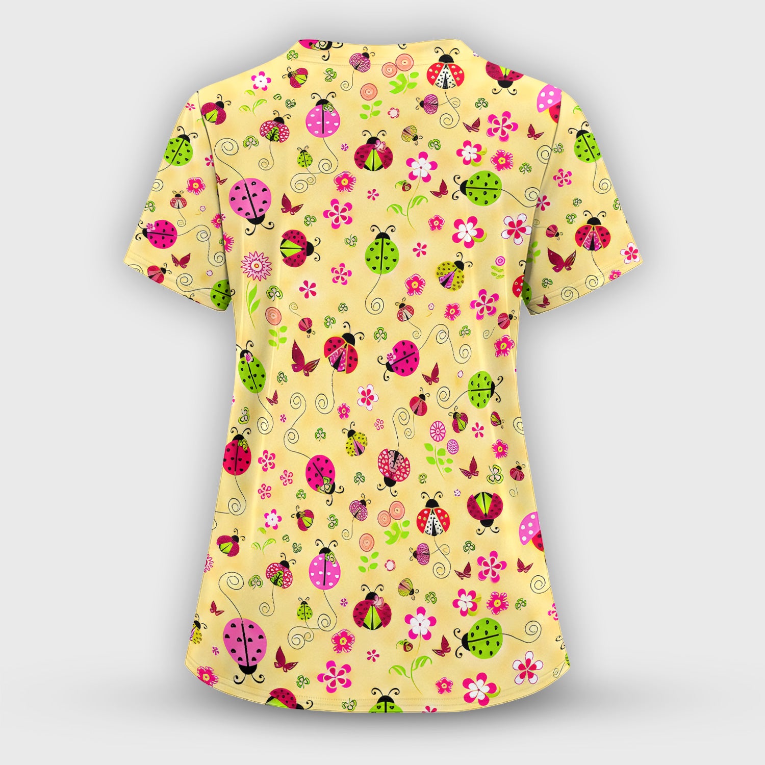 Yellow Ladybug Floral Garden Pattern Scrub Set, Scrub Pants and V Neck Top