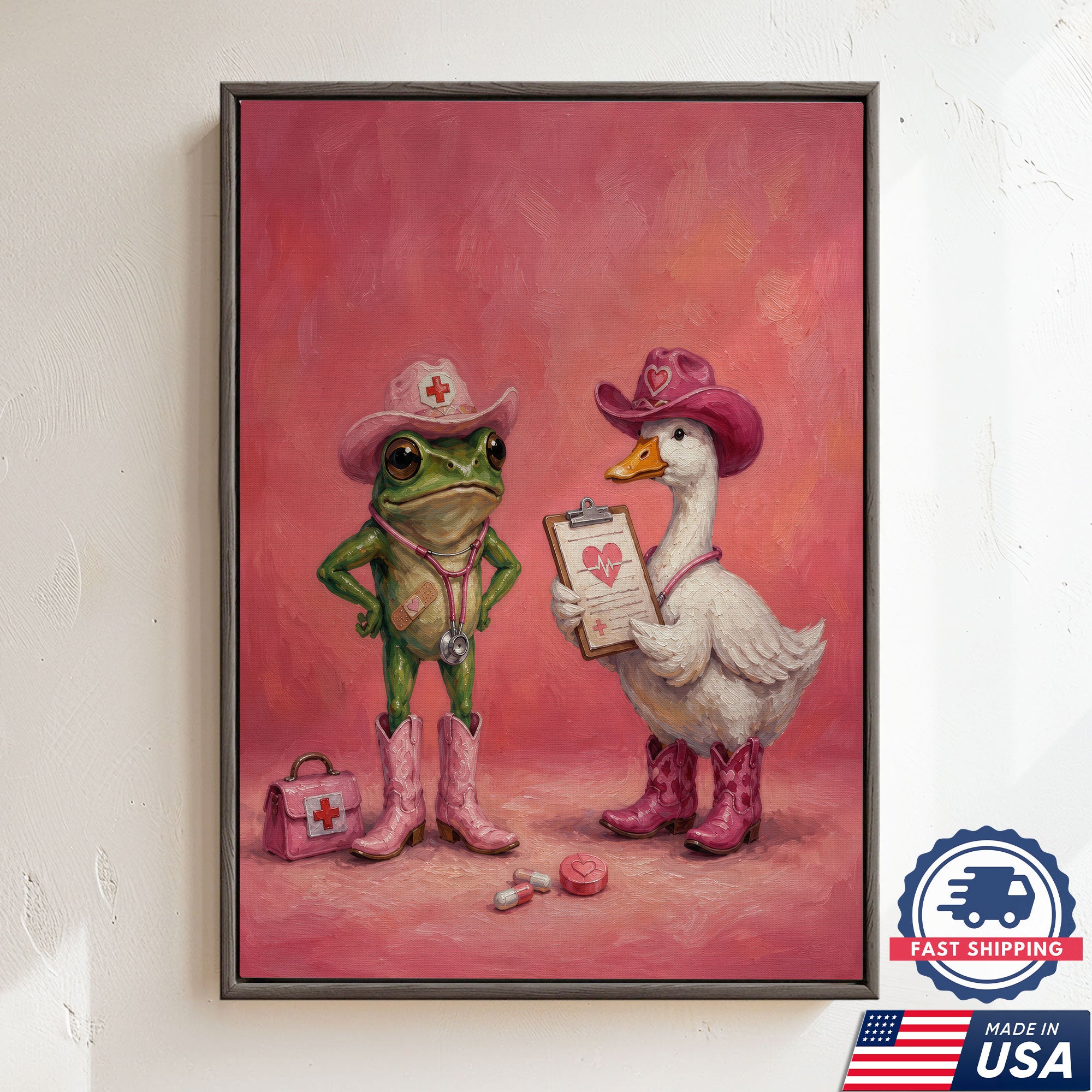 Cute Nurse Frog Duck Cowgirl Canvas Wall Art, Clinic Decor