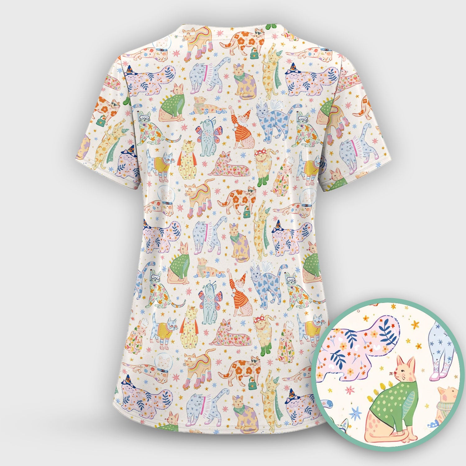 Colorful Pastel Cartoon Cats Print Scrub Top, Breathable Fabrics Nursing Uniform