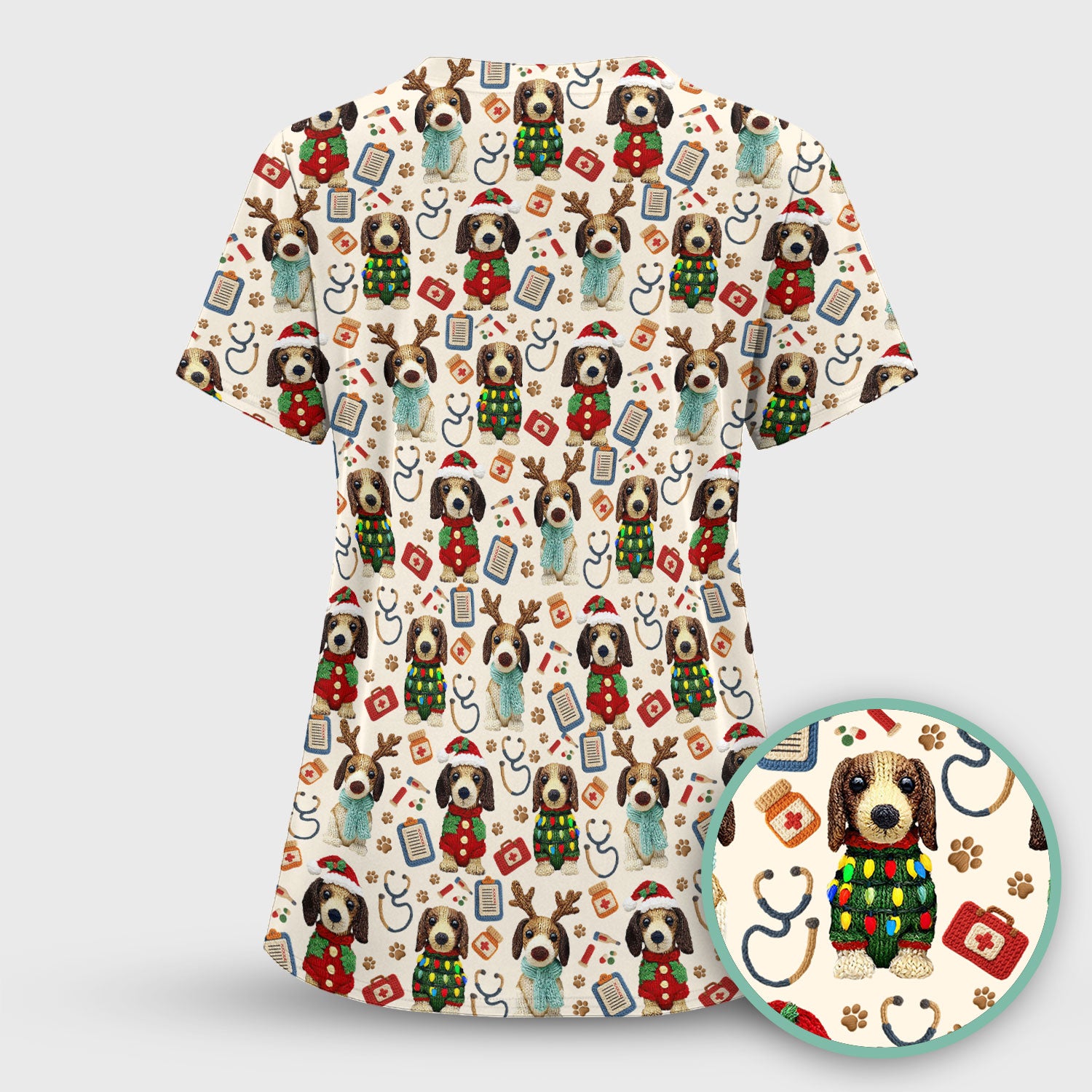 Christmas Doxie Scrubs for Women - Cute Dachshund Christmas Scrub Top for Nurses - Funny Medical Uniform Gift