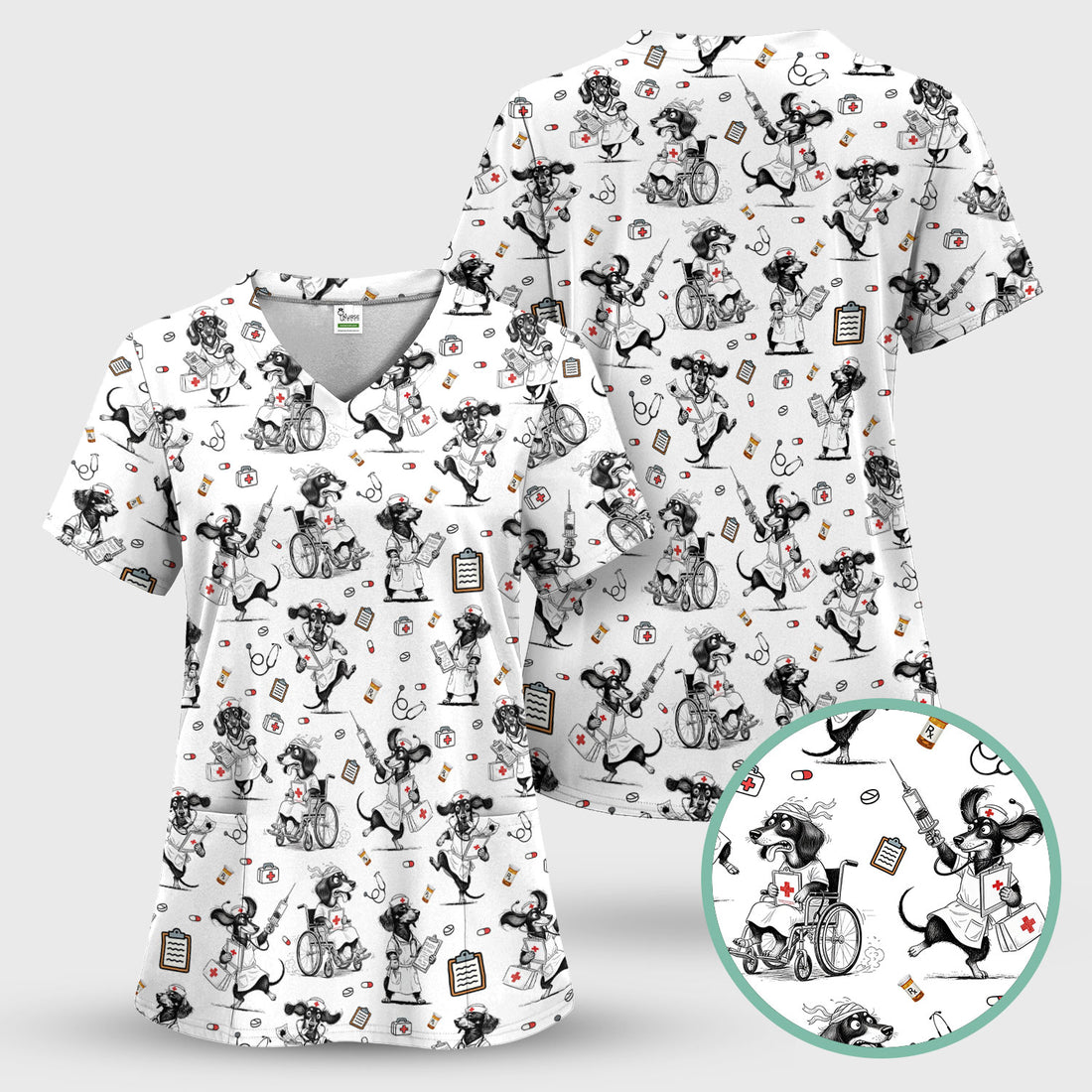 Funny Nurse Scrubs for Women - Cute Dog Doctor Print Top - Custom Multi Color Medical Workwear Gift for Healthcare Workers