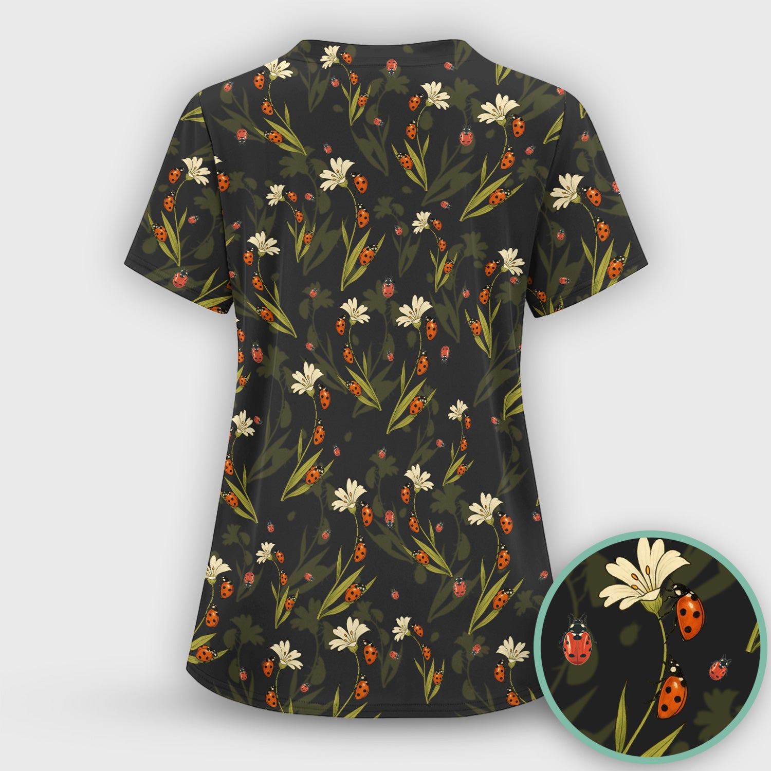 Fresh Daisy Ladybug Garden Pattern Scrub Top, Comfortable Scrubs For Nurses