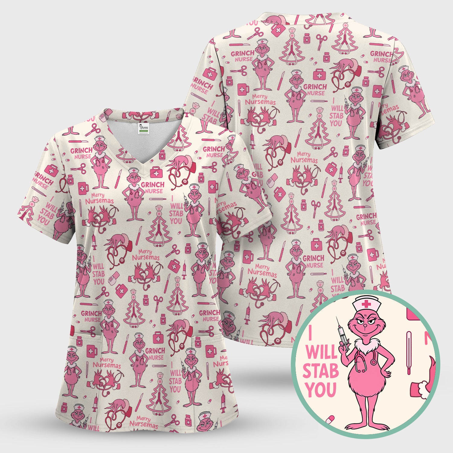 Personalized Funny Grinch Nurse Scrub Top - I Will Stab You - Multiple Color Options RN LPN CNA Gift