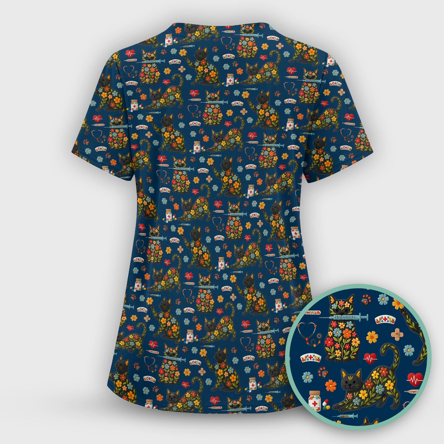 Floral Black Cat Pattern Scrub Top, Cute Cat Nurse Scrub Shirt, Medical Nursing Uniform