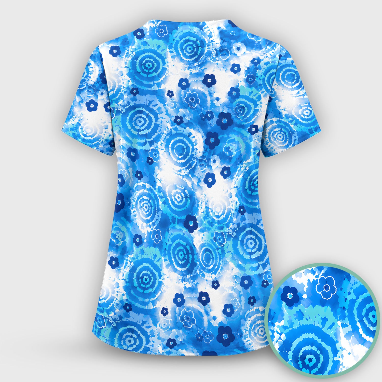 Blue Floral Spiral Nurse Pattern Scrub Top, Breathable Fabrics Nursing Uniform Scrub Top, Comfortable Scrubs for Nurses
