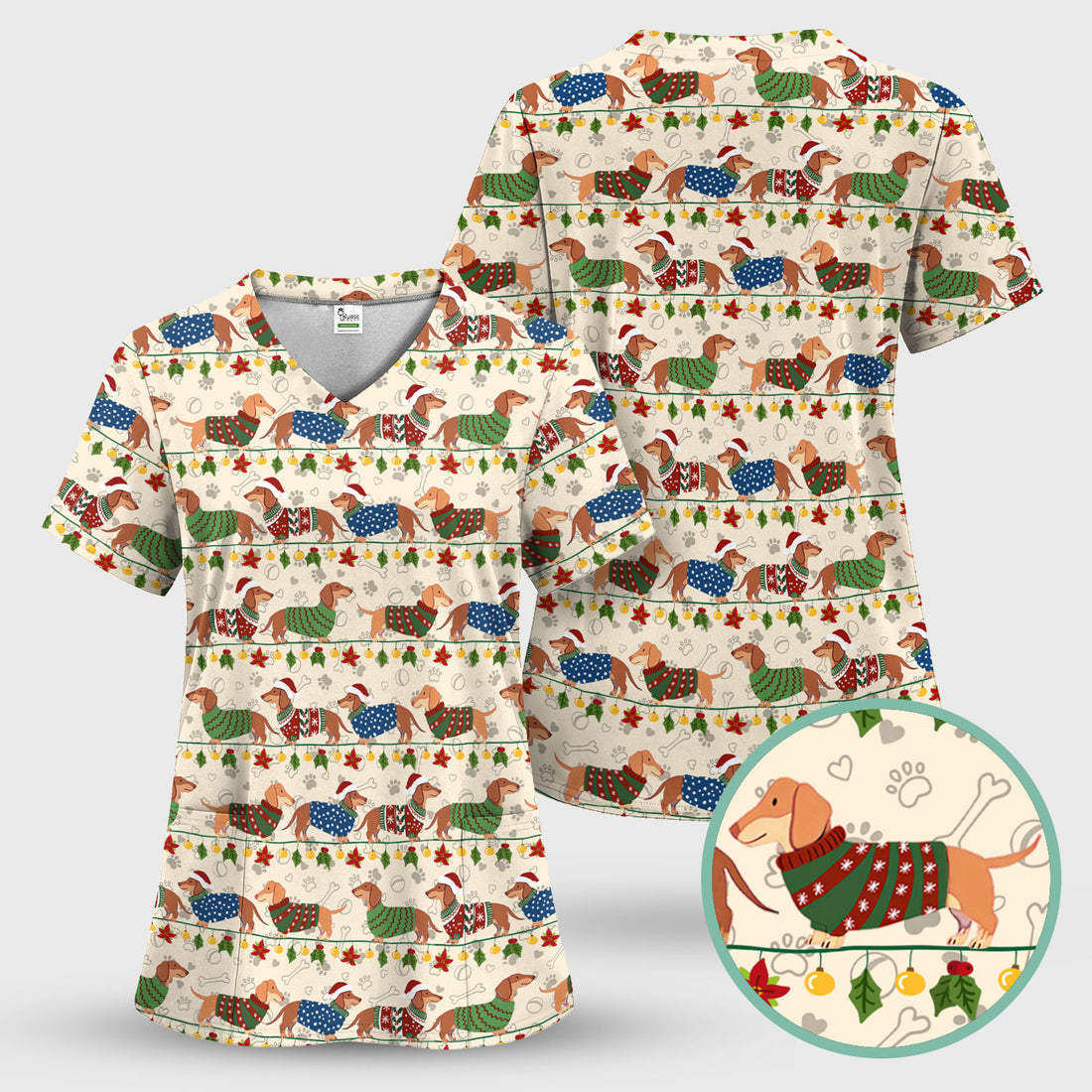 Christmas Dachshund Scrub Top - Cute Dog Print Scrubs for Women, Men Multi Color - Holiday Scrub Shirt Gift for Nurse, CNA, RN, Doctor