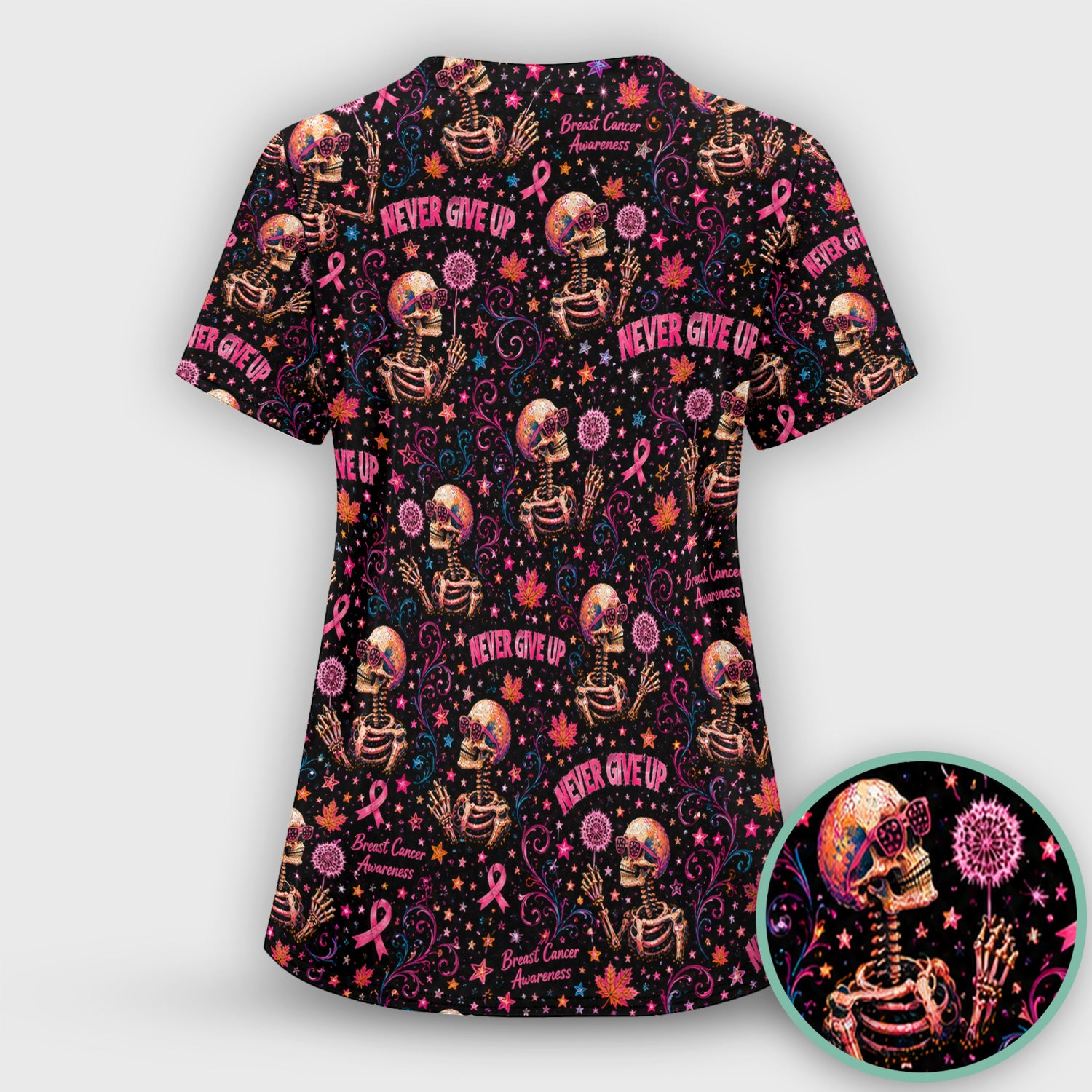 Breast Cancer Awareness Skeletons Pattern Scrub Set, Scrub Pants and V Neck Top
