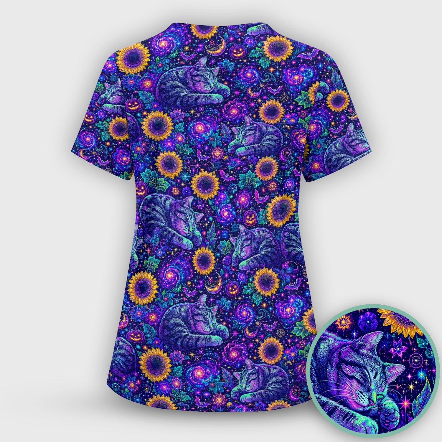 Spooky Galaxy Cat And Sunflowers Scrub Top, Comfortable Scrubs for Nurses