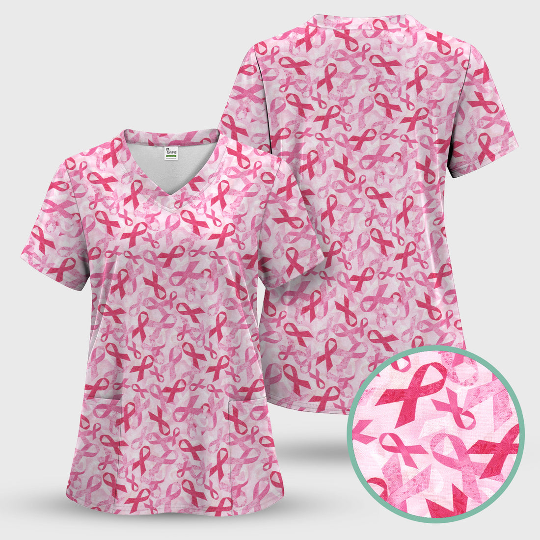 Breast Cancer Awareness Scrub Top - Pink Ribbon Nurse Shirt All Over Print - RN CNA LPN Gift