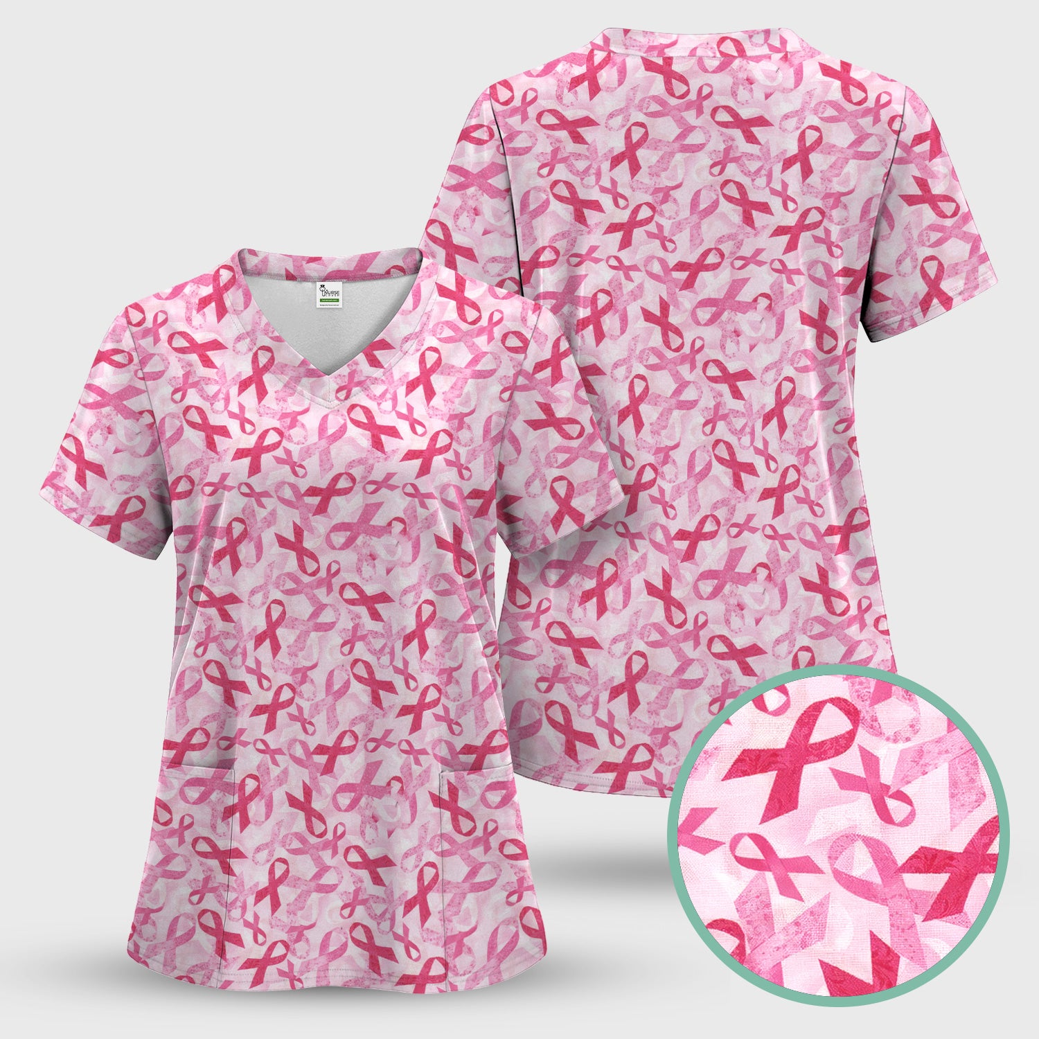 Breast Cancer Awareness Scrub Top - Pink Ribbon Nurse Shirt All Over Print - RN CNA LPN Gift