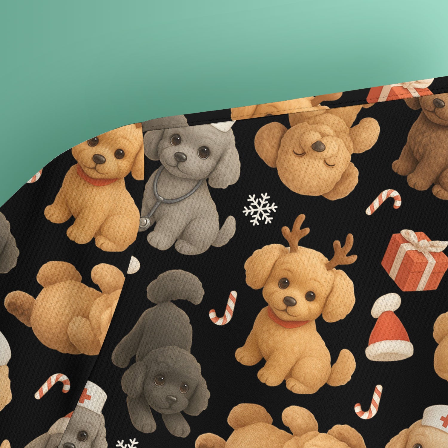 Christmas Poodle Scrubs for Women - Cute Dog Pattern Medical Scrub Top - Festive Holiday Christmas Scrubs with Adorable Poodle Design