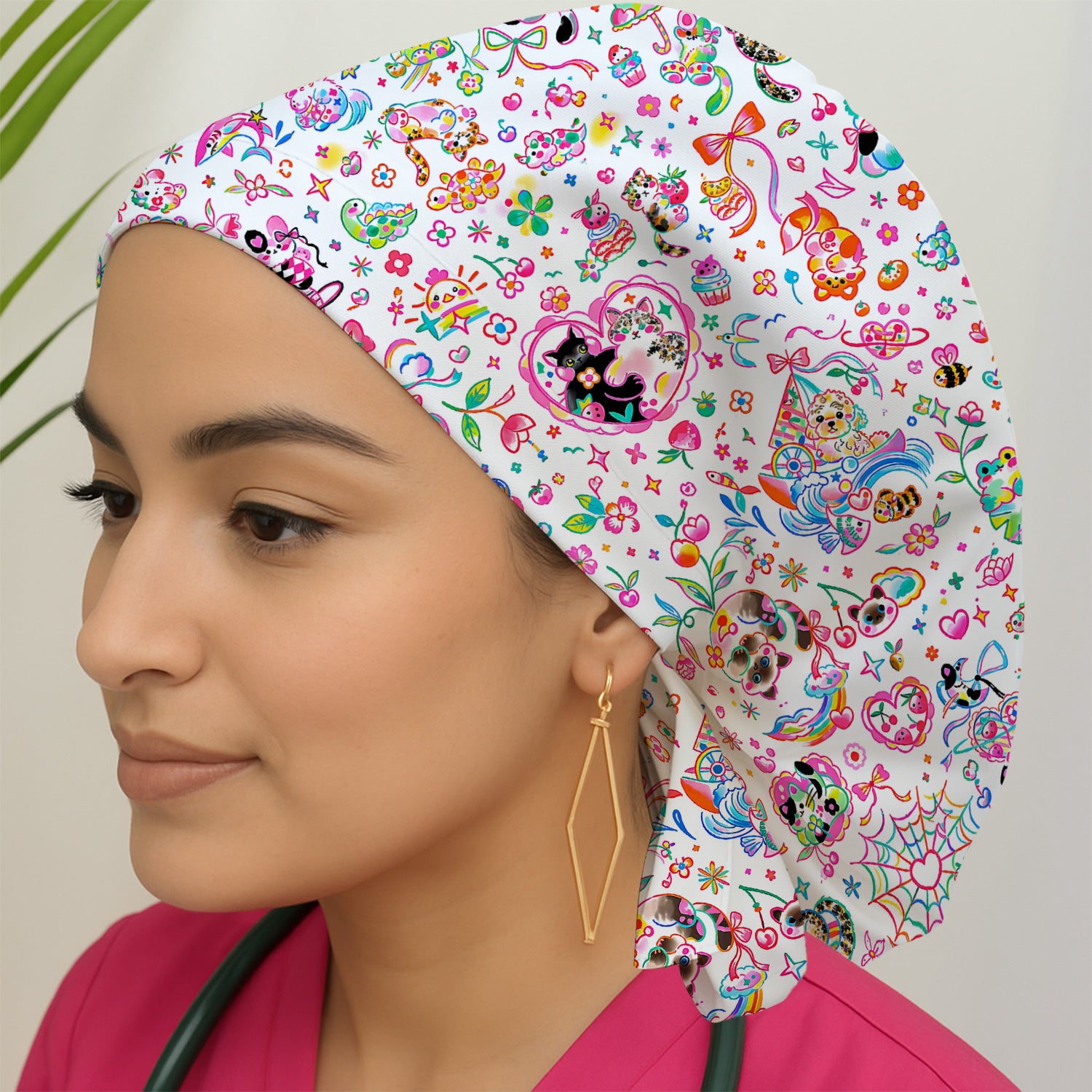 Colorful Kawaii Cat Heart Doodle Pattern Scrub Cap, Surgical Caps for Doctors