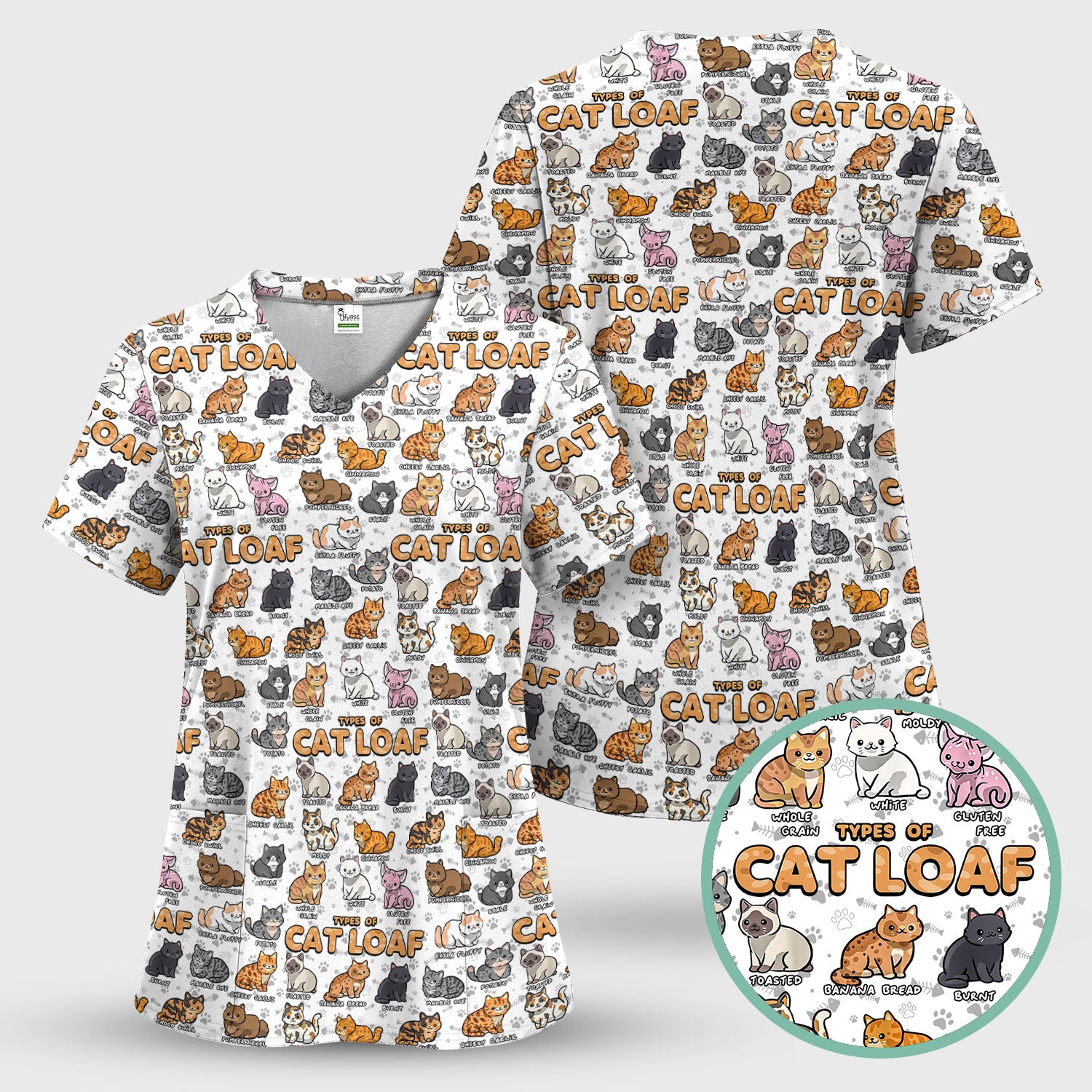 Cute Cat Scrub Top for Women - Funny Cat Loaf Print Nurse Shirt - Cat Lover Medical Uniform RN LPN CNA Gift