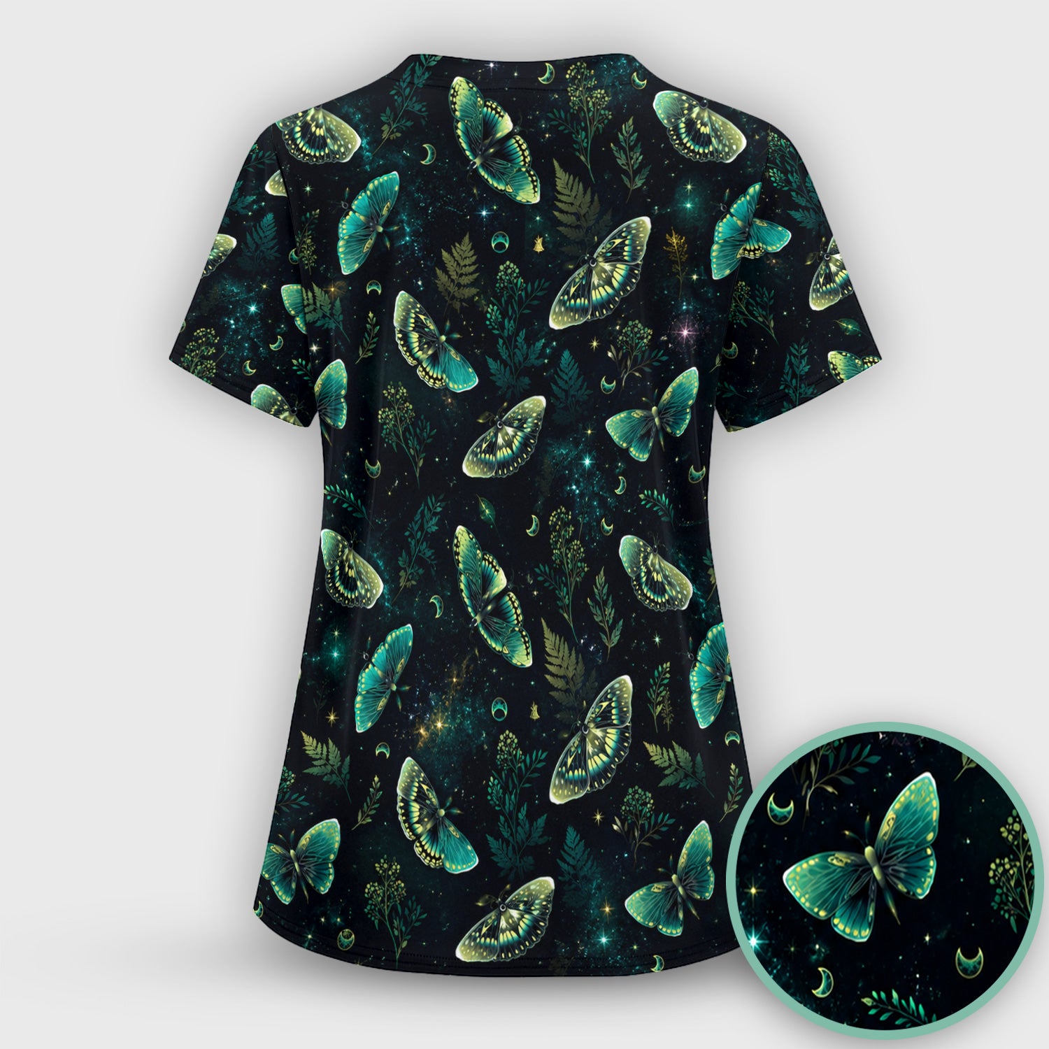 Mystical Moonlight Butterfly Garden Pattern Scrub Set, Scrub Pants and V Neck Top