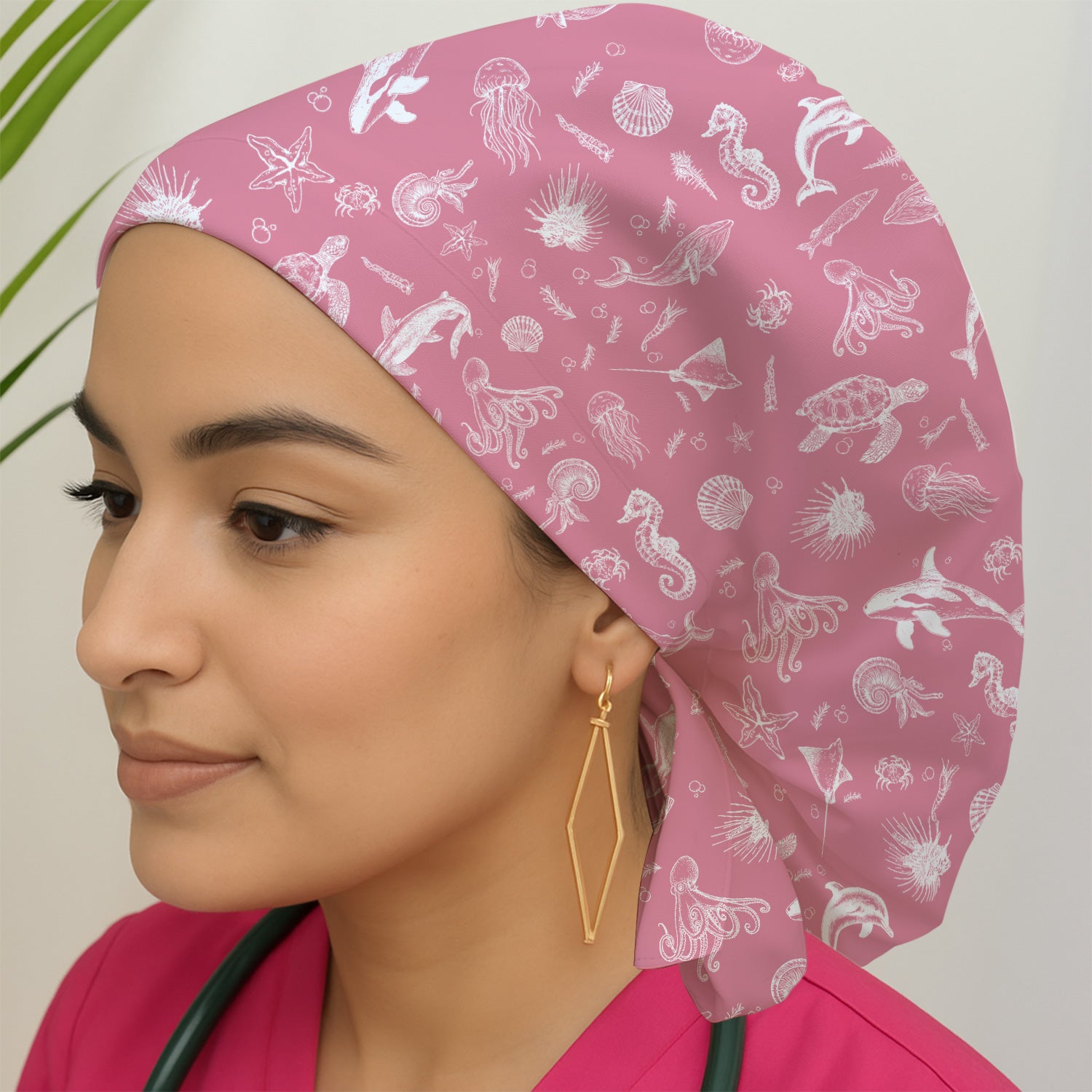 Marine Sea Life Pattern Cap, Bouffant Scrub Caps for Women