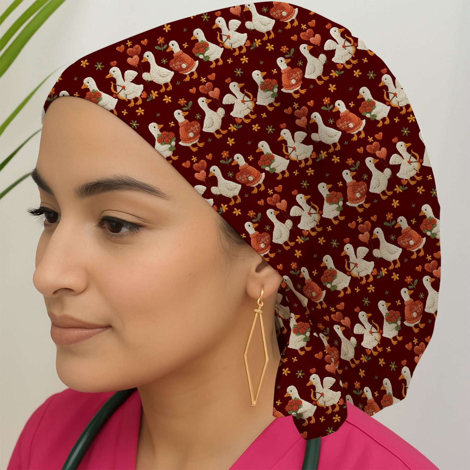 Cute Goose Nurse Scrub Cap, Valentine Farm Medical Pattern Hat, Breathable Fabrics Nursing Uniform