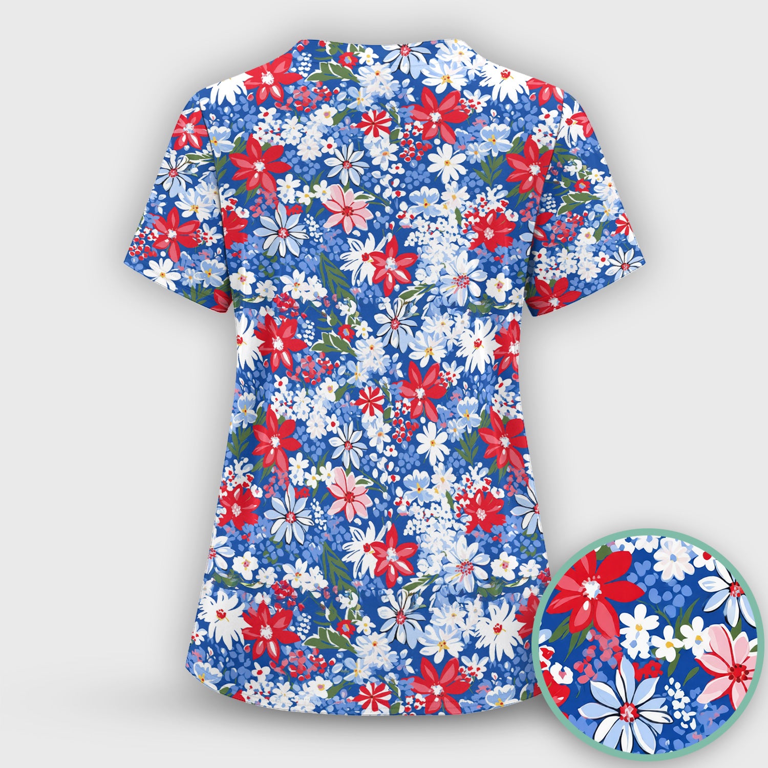 Patriotic Red White Blue Floral Garden Print Scrub Top, Comfortable Scrubs for Nurses