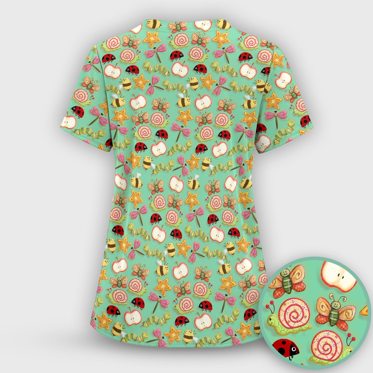 Cute Nurse Snail Ladybug Caterpillar Apple Garden Pattern Scrub Top, Breathable Fabrics Nursing Uniform