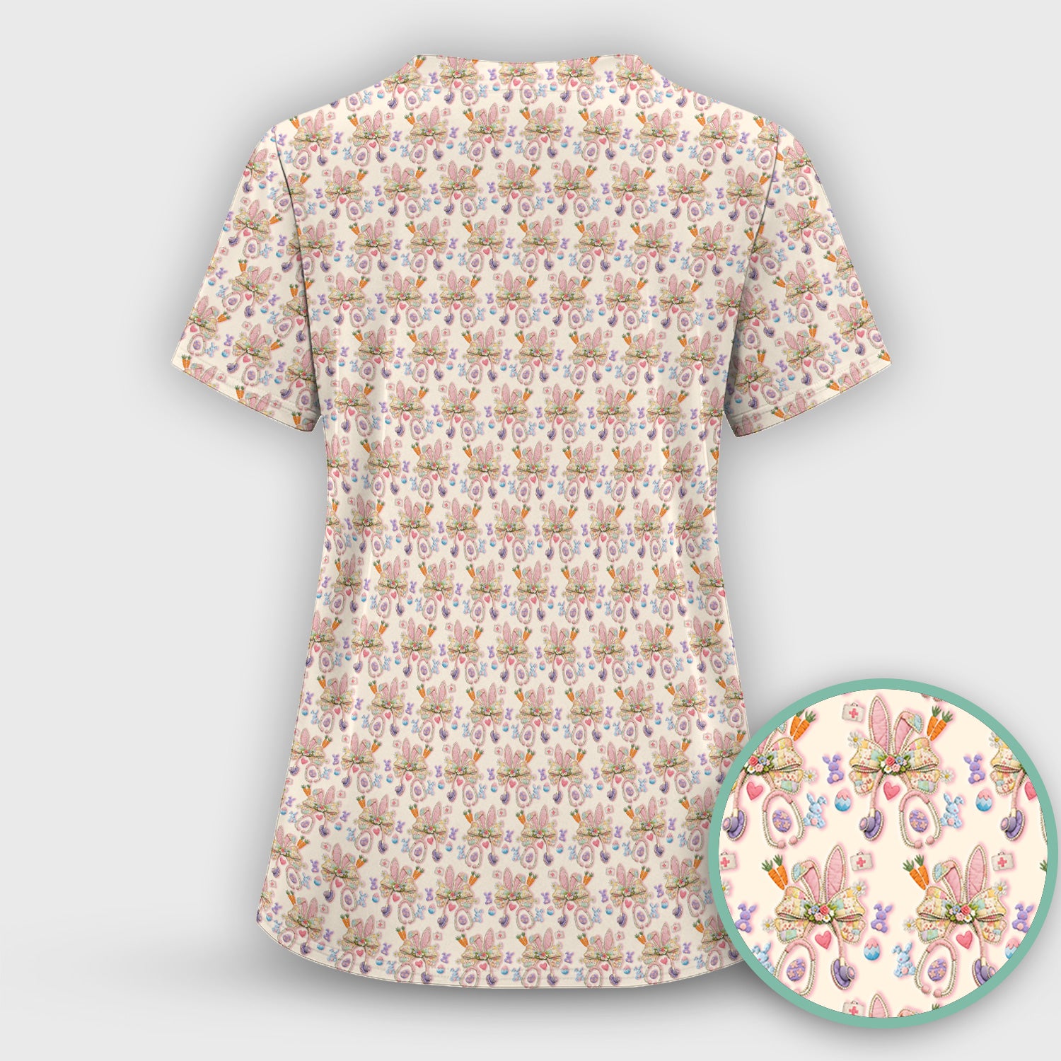 Easter Bunny Stethoscope Pastel Print Scrub Top, Comfortable Scrubs for Nurses