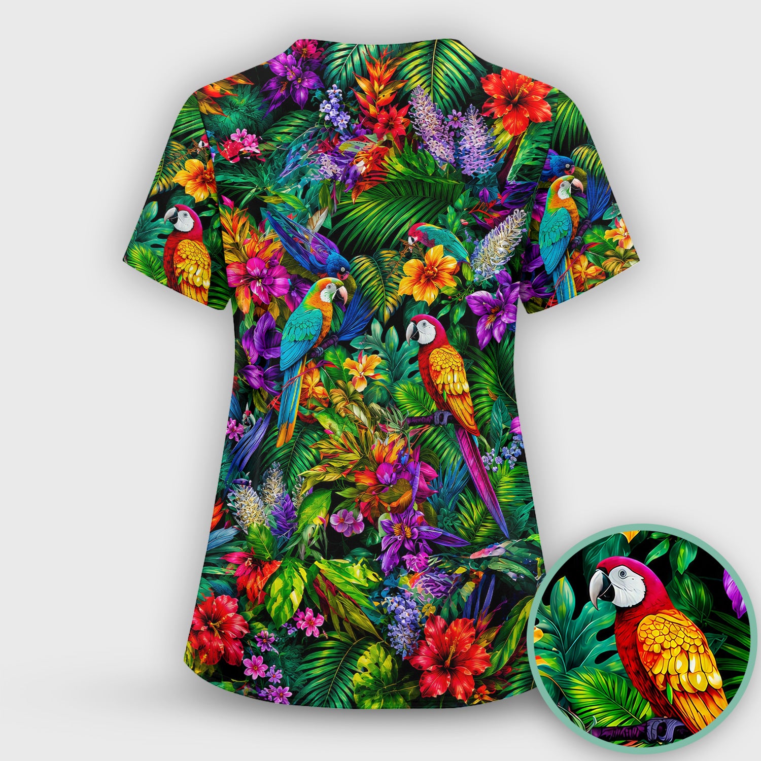 Tropical Parrot Jungle Blossom Pattern Scrub Set, Scrub Pants and V Neck Top