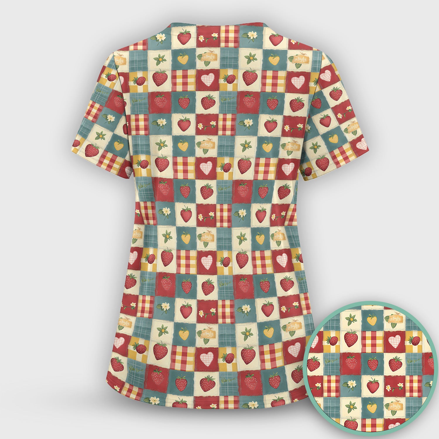 Cute Strawberry Floral Patchwork Pattern Scrubs Top, Comfortable Scrubs for Nurses