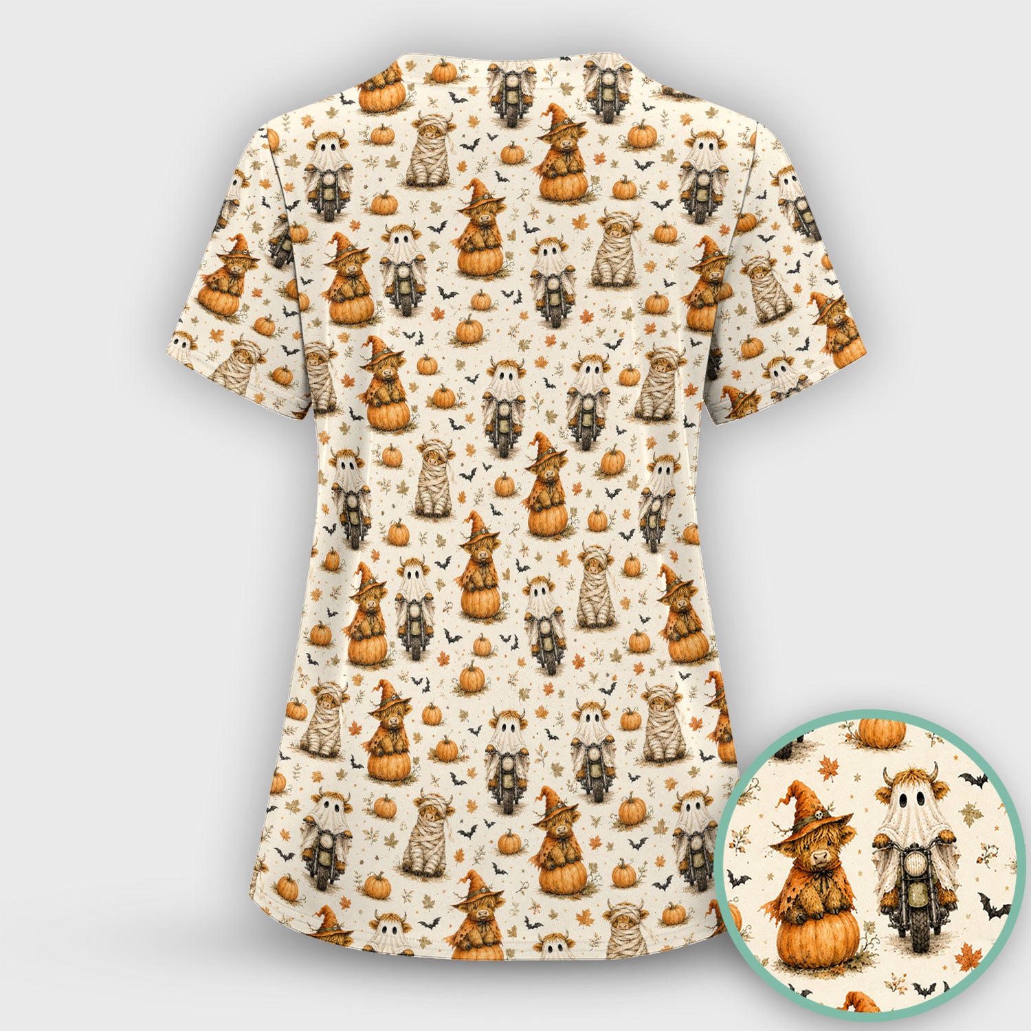 Halloween Highland Cow Costumes Scrub Top, Comfortable Scrubs for Nurses