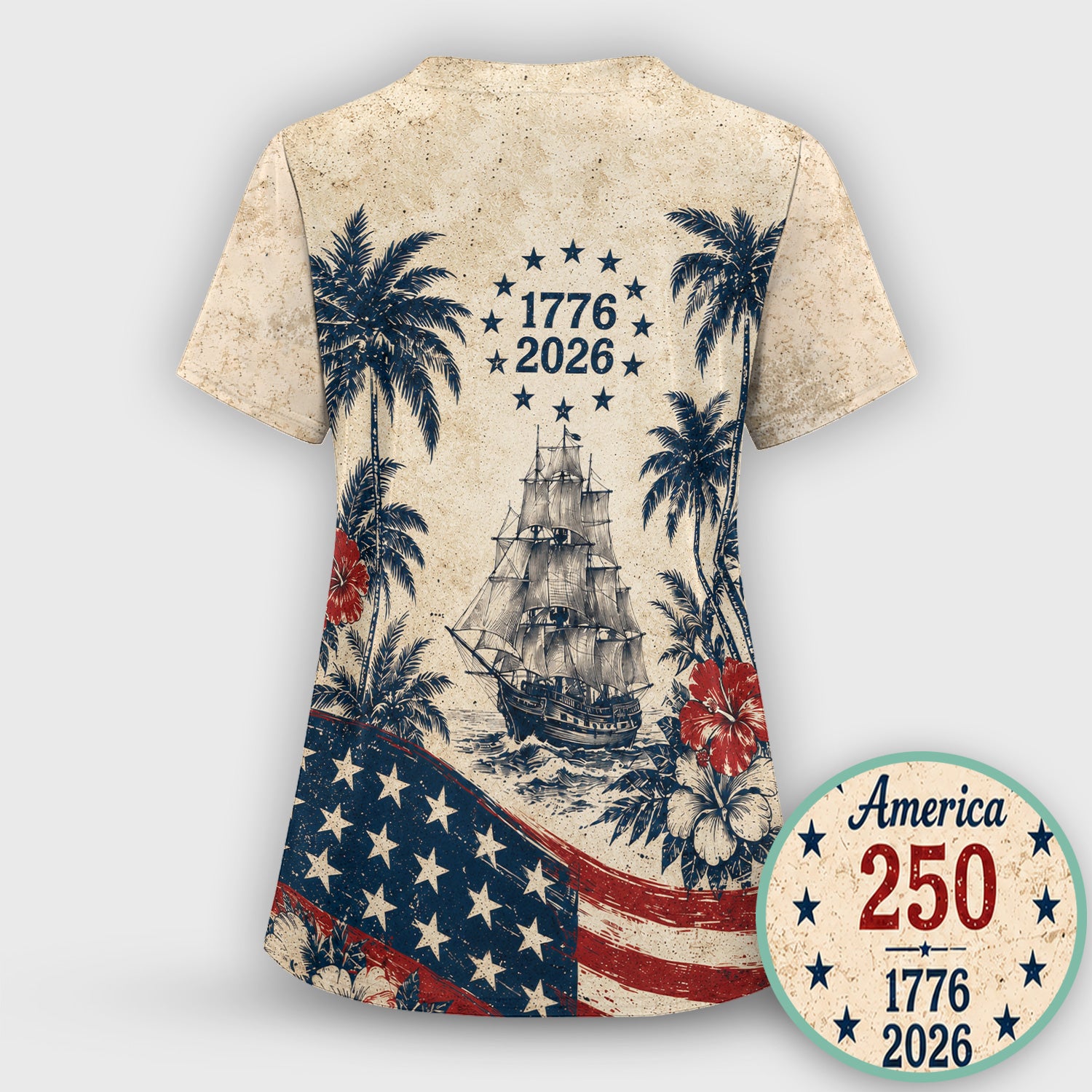America 250 Freedom Print Scrub Top, Comfortable Scrubs for Nurses