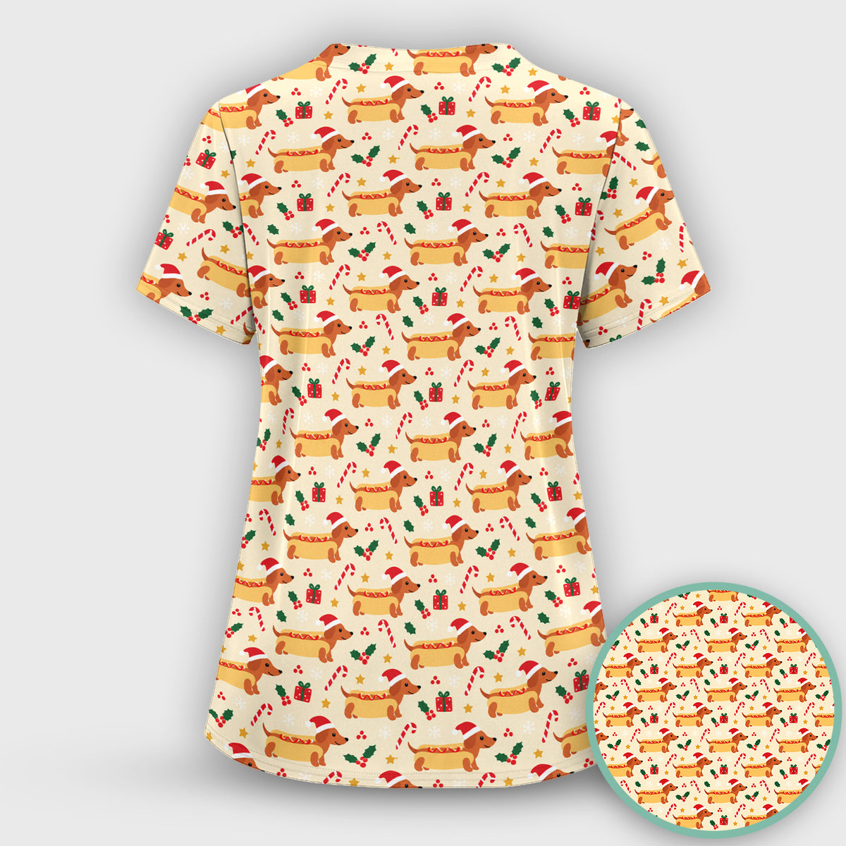 Funny Christmas Dachshund Hot Dog Scrub Top, Comfortable Scrubs for Nurses