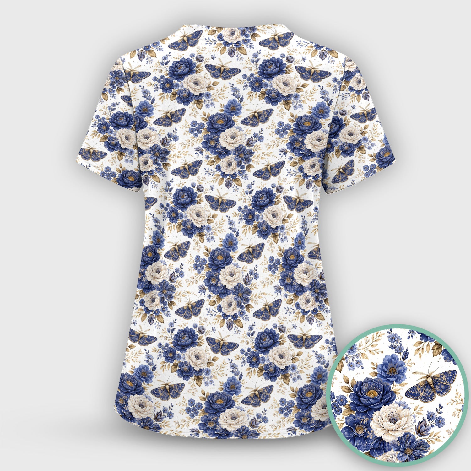 Cute Blue Floral Moth Pattern Scrub Top, Comfortable Scrubs for Nurses