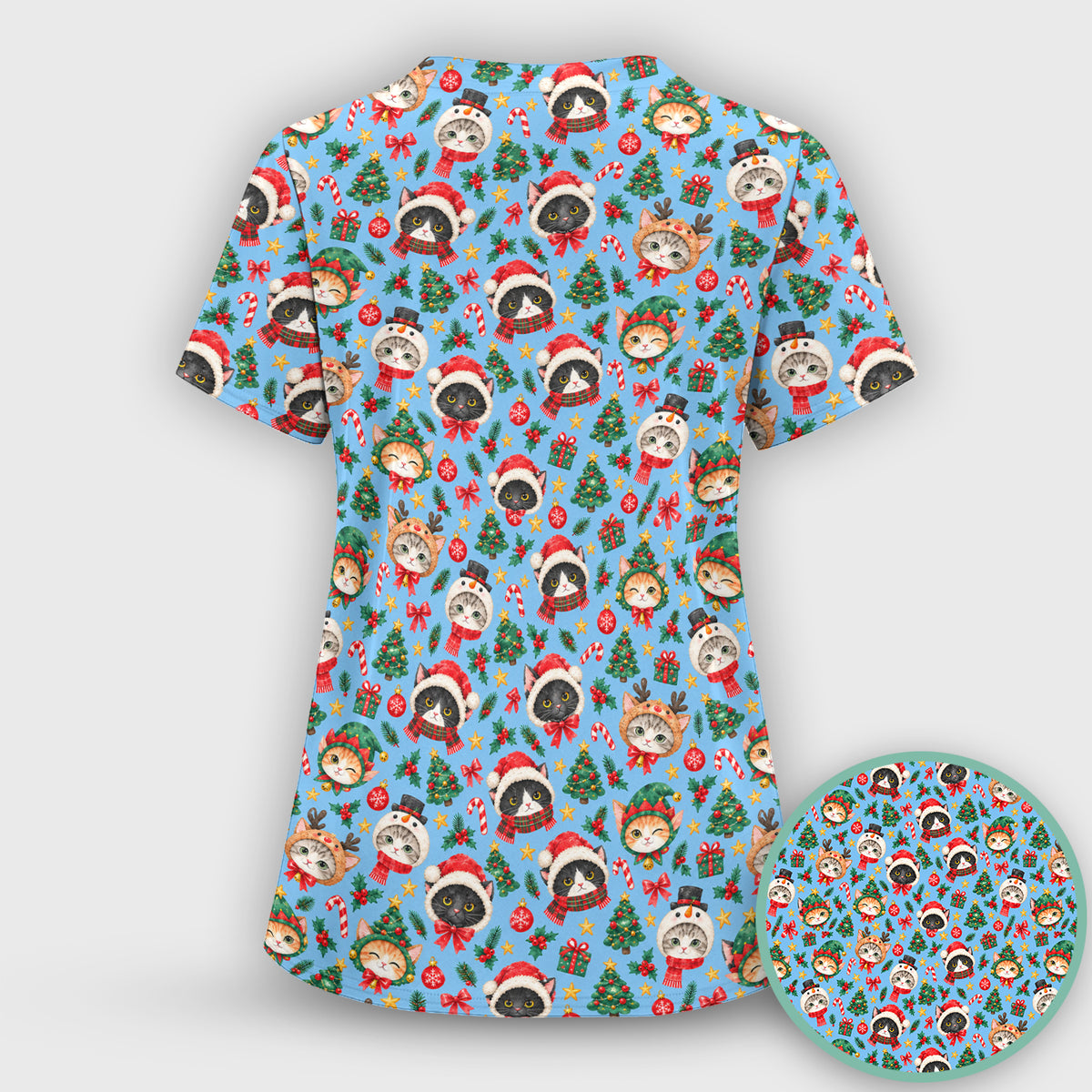 Christmas Cats And Trees Pattern Scrub Set, Scrub Pants and V Neck Top