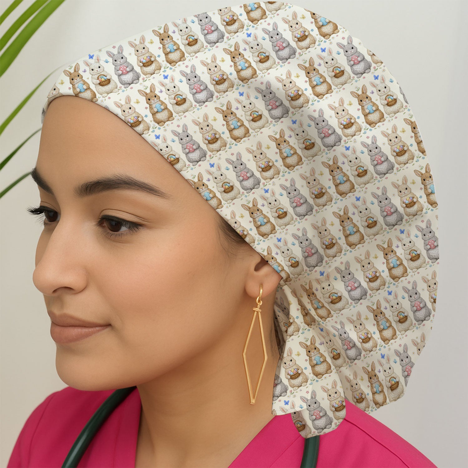 Easter Bunny Basket Pastel Print Caps, Bouffant Scrub Caps for Women