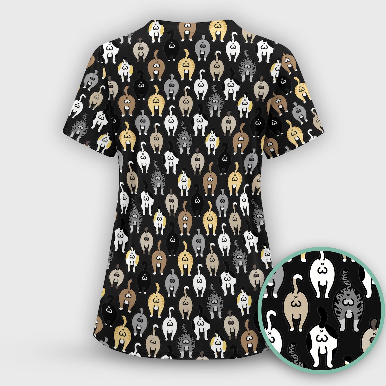 Cat Lover Nurse Scrub Top, Funny Cat Butt Pattern Medical Shirt, Breathable Fabrics Nursing Uniform