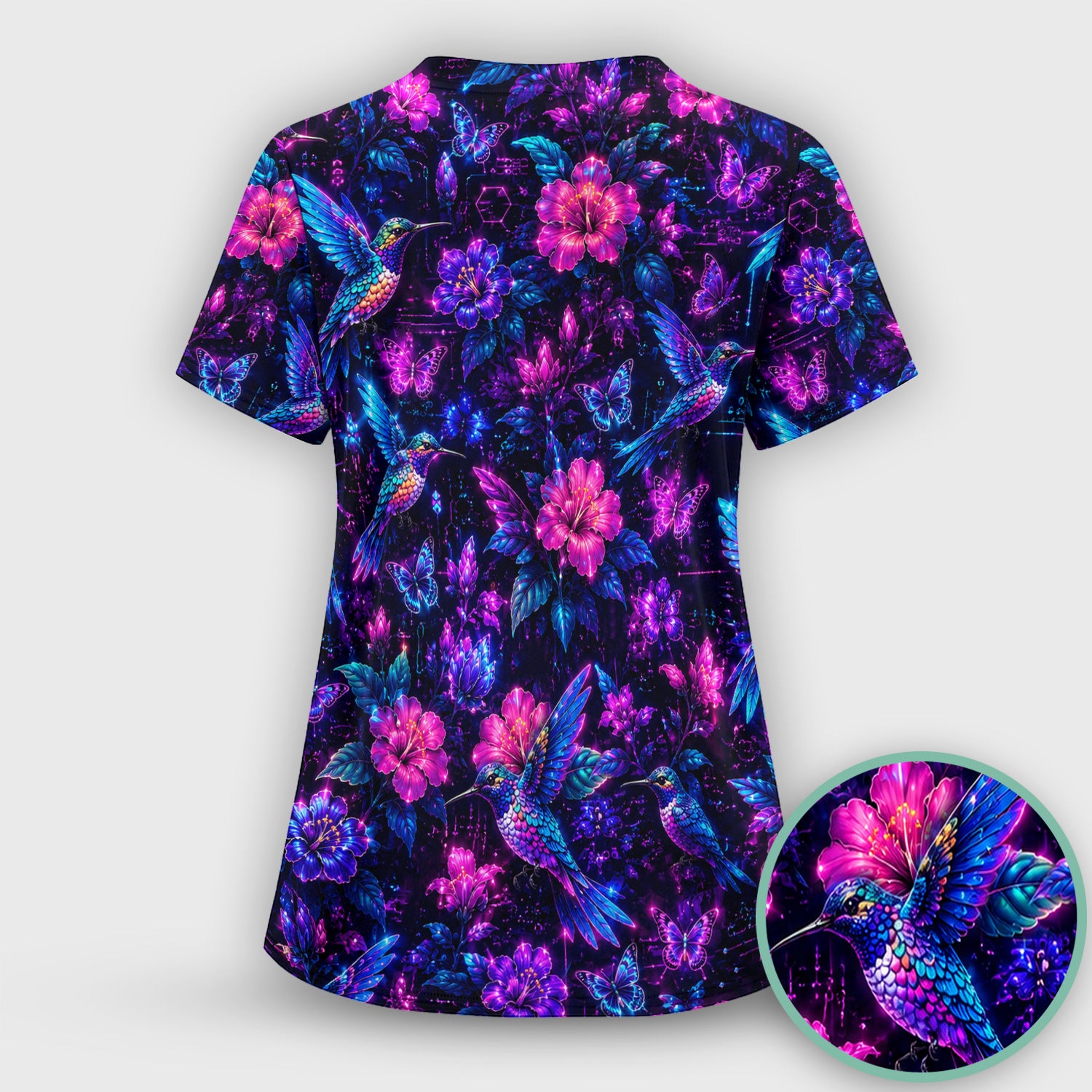Neon Hummingbird Butterfly Bloom Pattern Scrub Top, Comfortable Scrubs for Nurses