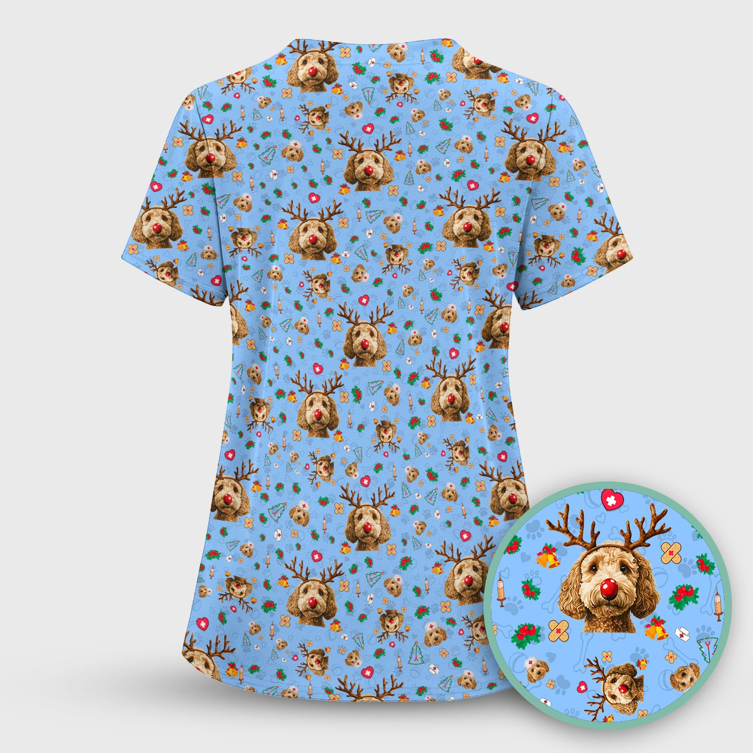 Labradoodle Reindeer Christmas Scrub Top - Funny Dog Nurse Shirt - Cute Holiday Medical Uniform for Women RN LPN CNA Gift