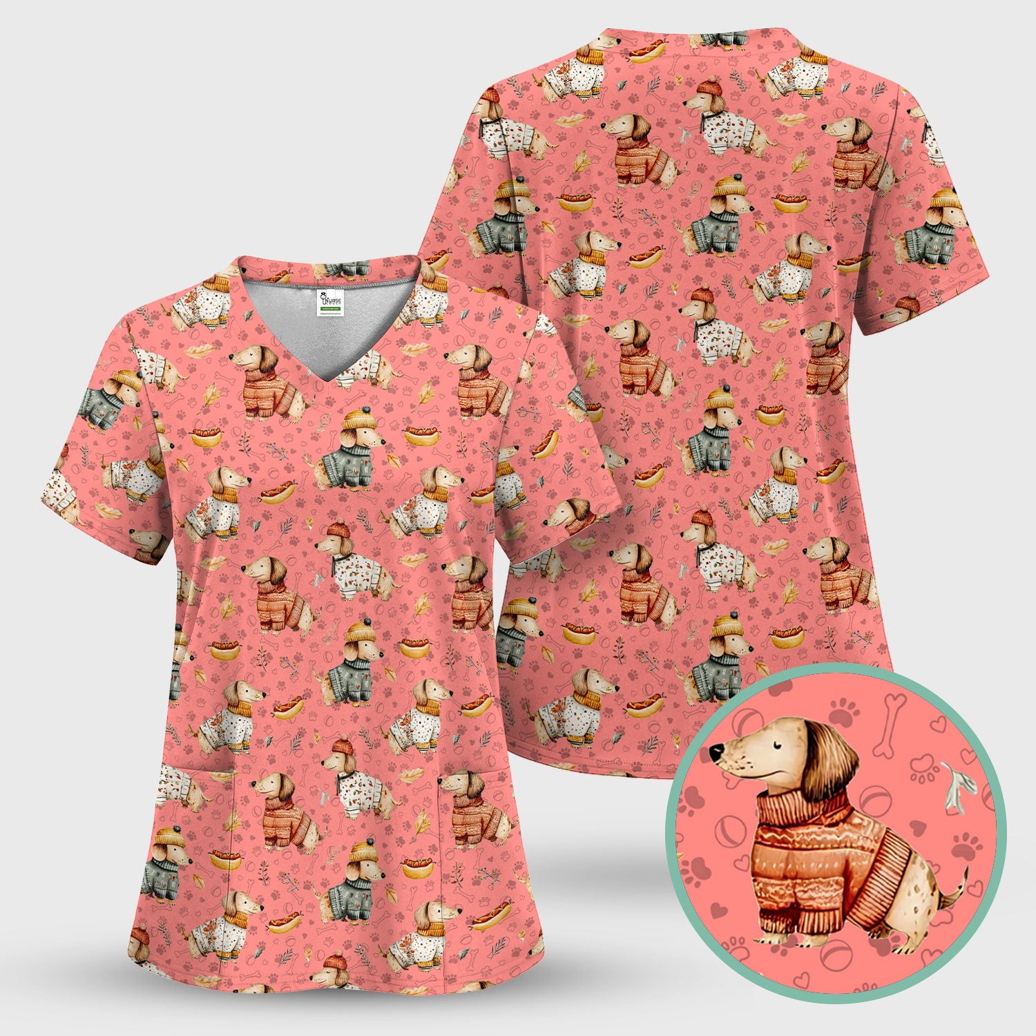Fall Wiener Dog Nurse Scrub Top - Cozy Sausage Dog Autumn Medical Shirt for Women RN CNA LPN - Thanksgiving Gift