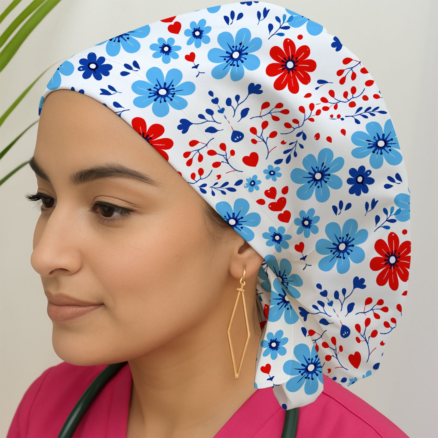 Symmetrical Folk Floral Heart Pattern Pattern Scrub Cap, Breathable Fabrics Caps Uniform