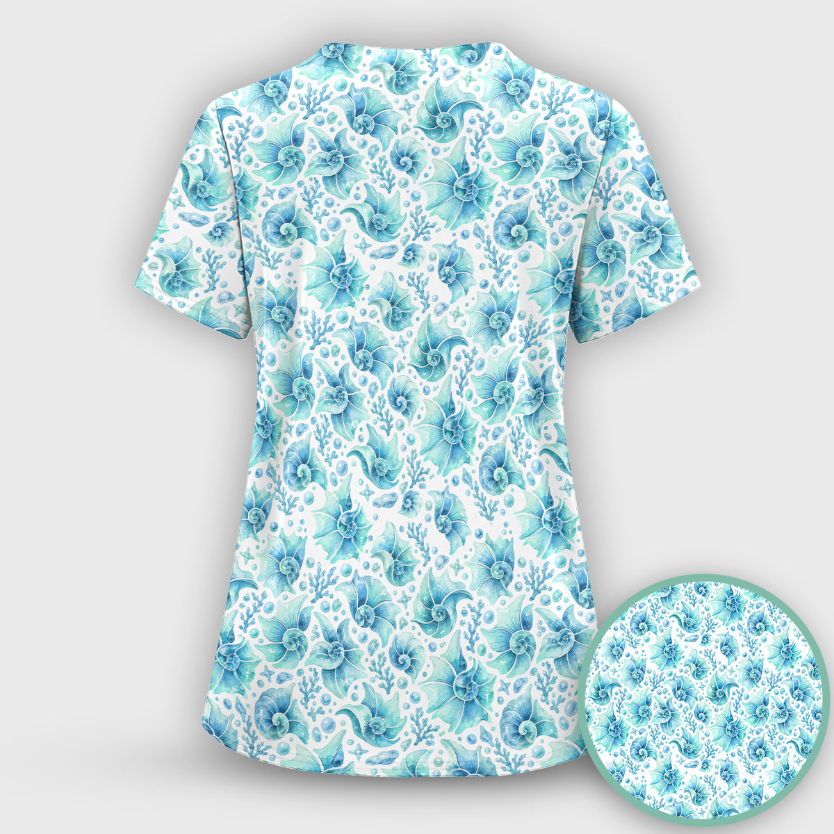 Blue Watercolor Seashell Pattern Scrub Top, Comfortable Scrubs for Nurses