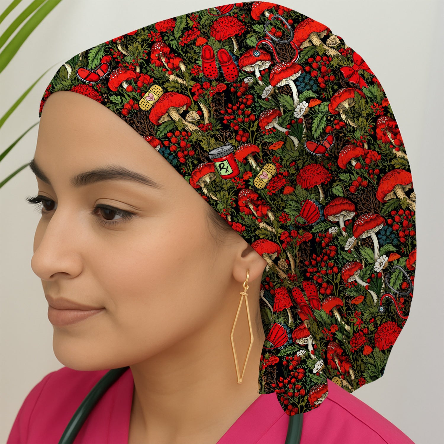 Red Mushroom Medical Forest Pattern Scrub Cap, Surgical Caps for Doctors