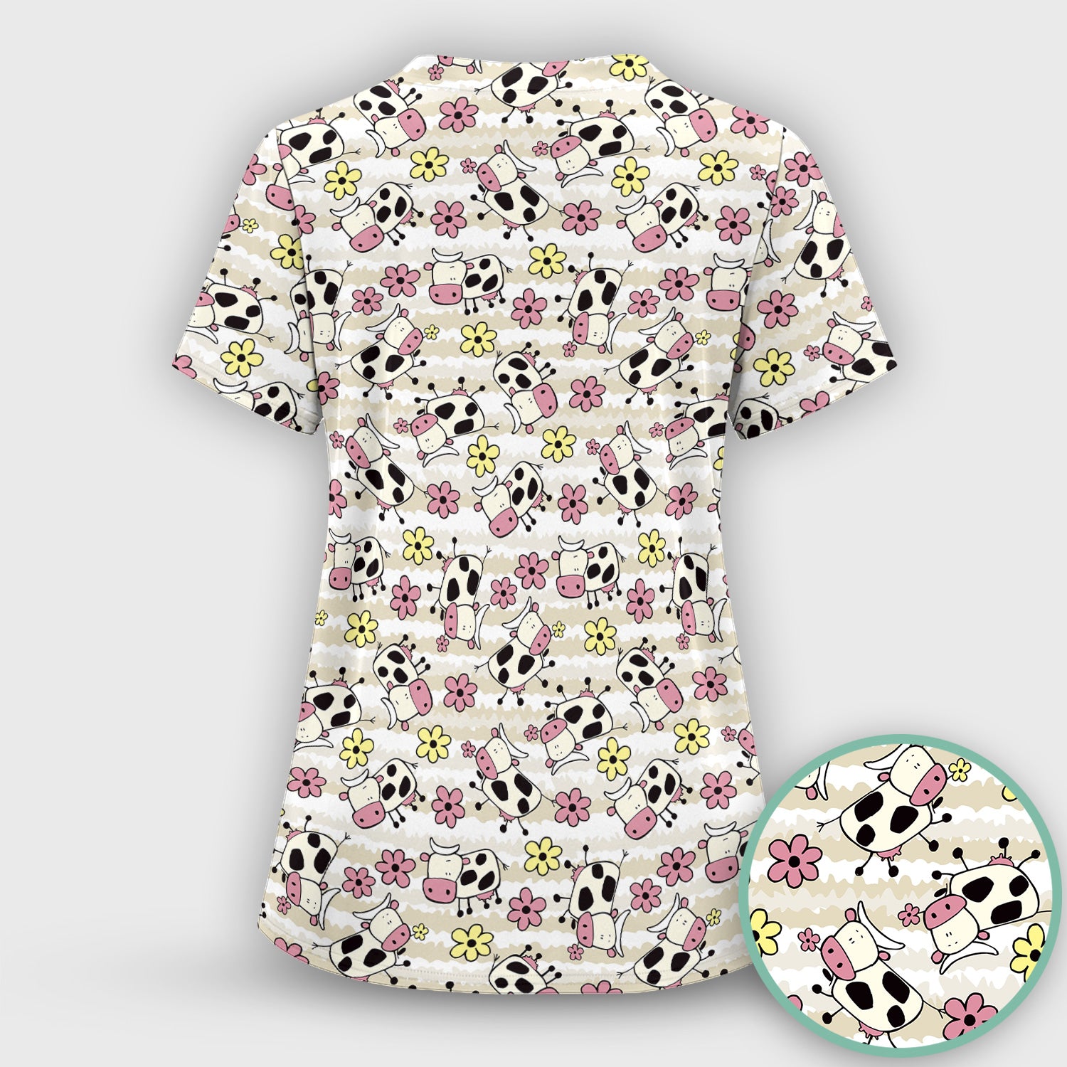 Cute Cartoon Cow Flower Meadow Pattern Nurse Scrub Set, Scrub Pants and V Neck Top