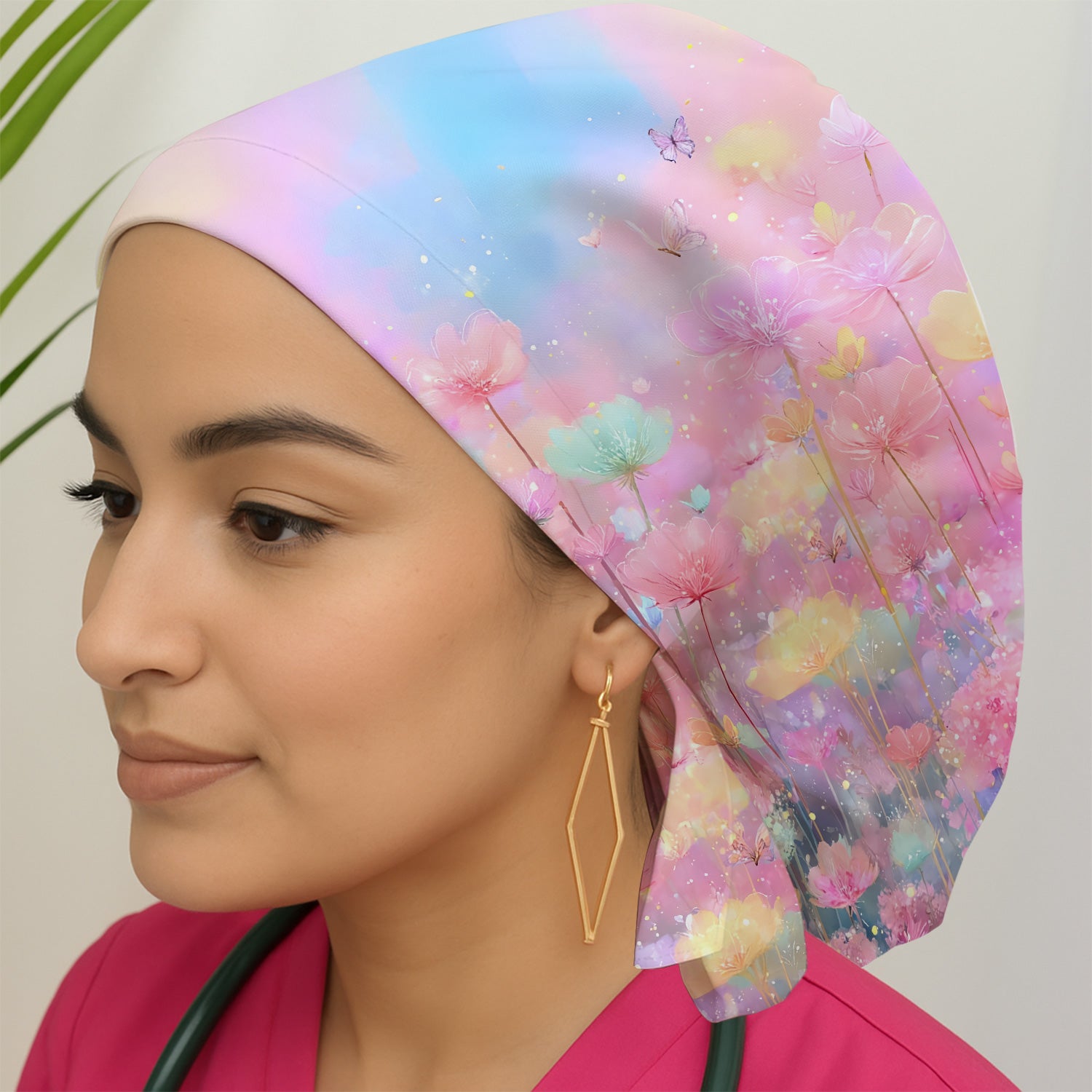 Dreamy Pastel Watercolor Floral Garden Scrub Cap, Surgical Caps for Doctors